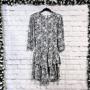 BRITLAND Women’s Floral Print Drop Waist 3/4 Sleeve Ruffle Dress Size 11 Vintage